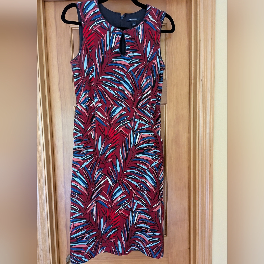 Lands' End Red and Blue Leaf Print Midi Dress